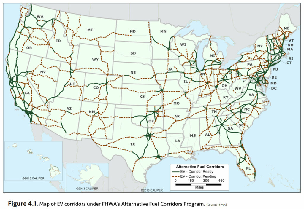 EV Charging Network from Alternative Fuel Corridors Program, map showing EV chargers network throughout the United States