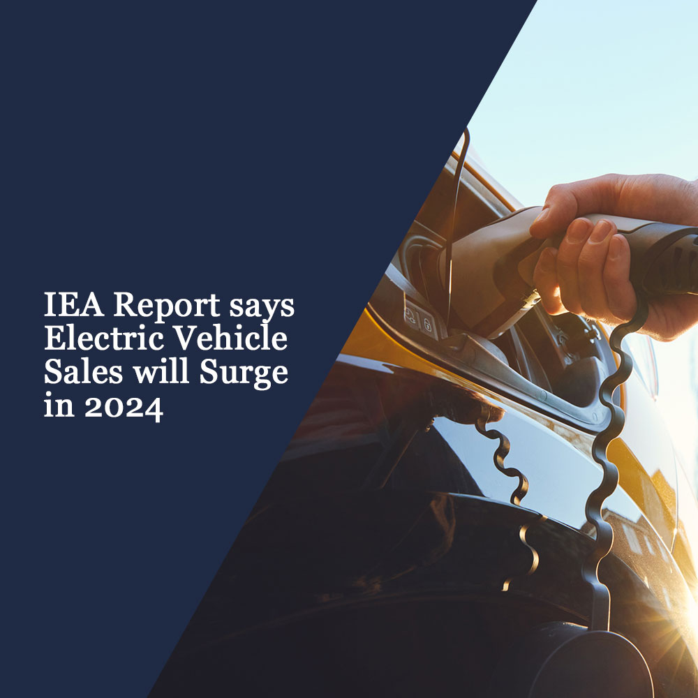 Electric Vehicle Sales will Surge in 2024, graphic with text about electric vehicle sales with an image of someone charging their EV